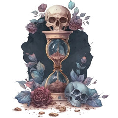 Death hourglass with skulls and roses, Dark Academia watercolor illustration isolated with a transparent background, fantasy dark art concept design created with Generative AI