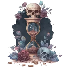 Deurstickers Aquarel doodshoofd Death hourglass with skulls and roses, Dark Academia watercolor illustration isolated with a transparent background, fantasy dark art concept design created with Generative AI