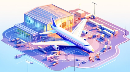Busy Airport Scene with Airplane and Terminal - Enhanced by Generative AI