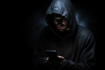 scammer in dark clothes calls on the phone  - obrazy, fototapety, plakaty