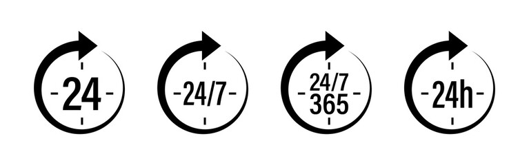 24 7 clock icon set on isolated white background