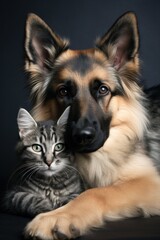 one cat and one dog vertically photo on a black  plain background 