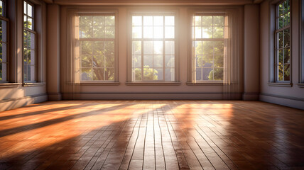 Obraz premium Sunlit Wooden Floor in Room with Generative AI