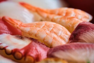 Selection of varied nigiri and maki with prawn, octopus, squid, yellowtail. Japanese sushi.