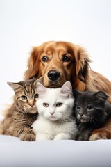 vertical cute three cats and one dog on a plain white background