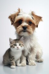 vertical one cat and one dog vertically photo on a white plain background 