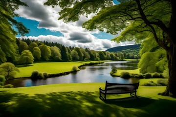 A rustic bench rests gracefully amidst the vibrant greenery of a park in Dunkeld, Perth and Kinross, Scotland, overlooking a peaceful river. Ai generated - obrazy, fototapety, plakaty