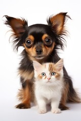 one cat and one dog vertically photo on a white plain background 