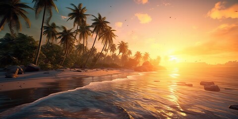 AI Generated. AI Generative. Tropical exotic paradise landscape background. Beach outdoor nature vacation palm trees sand sea ocean view.