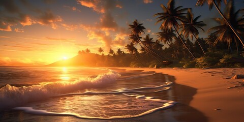 AI Generated. AI Generative. Tropical exotic paradise landscape background. Beach outdoor nature vacation palm trees sand sea ocean view.