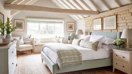 Cottage bedroom decor, interior design and holiday rental, bed with elegant bedding linen and...