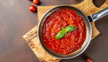 Classic homemade tomato sauce in the pan on a wooden chopping board on brown background, top view. Pasta, pizza tomato sauce. Vegetarian food