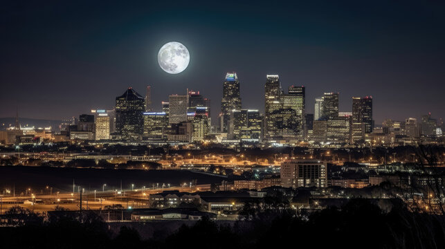 Full moon shining over urban city skyline at night with skyscrapers