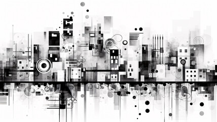 Abstract Cityscape with Black and White Circles and Dots: Enhanced by Generative AI