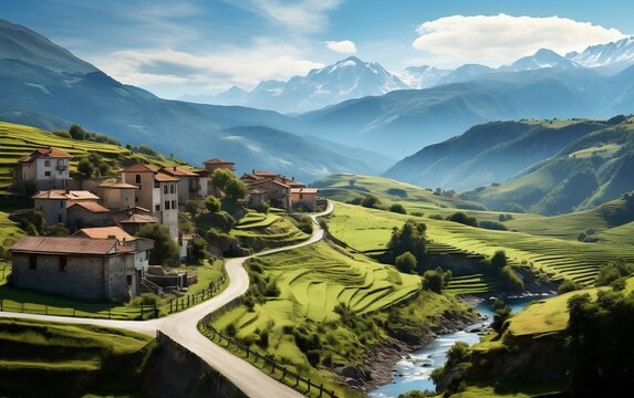 A charming countryside scene with a picturesque house by the road. AI