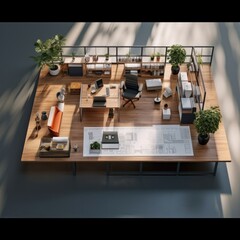 Top view Architect desk with office tools, computer laptop, plant pot and on wood table background. Generative AI