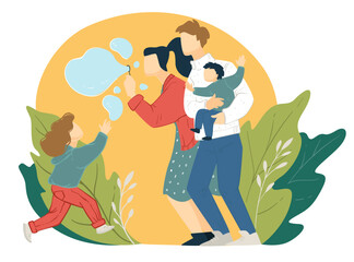 Family spending time together blowing soap bubbles vector