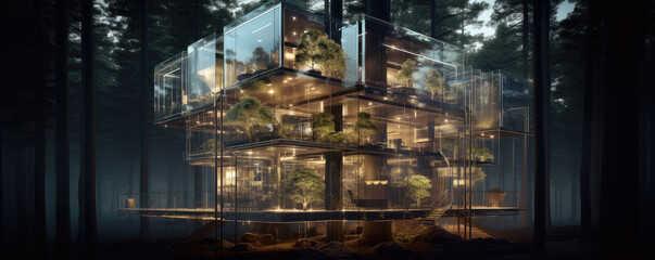 A Modern tree house like office in the woods.  A glassy office deep in the woodland forest, built around a tree. . Hand edited generative AI.