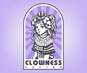 Vector sticker or emblem. Cute beautiful young kawaii nice clown girl in circus clothes. Lettering, clowness. Lilac background.