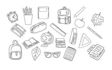 Doodle school elements set. Back to school kids coloring page knowledge education.