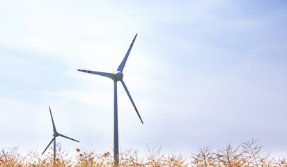 Production of ecological energy with the help of wind turbines standing in a   field on the sky background