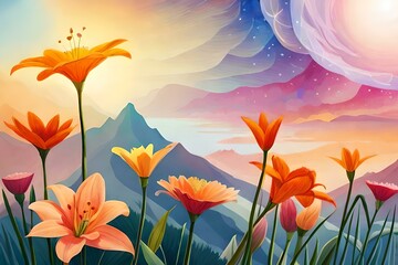Fototapeta na wymiar oil painting landscape with flowers