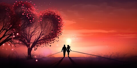 AI Generated. AI Generative. Lovely romantic love couple together with heart shape background landscape vacation. Wedding relationship vibe style