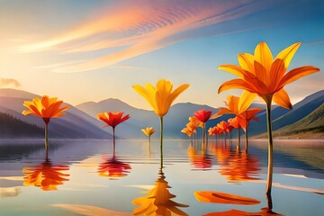 giant and tall yellow lilies in sprouted from the river 