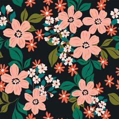 Seamless floral pattern, liberty ditsy print with cute large botany in retro folk style. Beautiful botanical design of hand drawn wild plants: flowers, leaves on black background. Vector illustration. © Yulya i Kot
