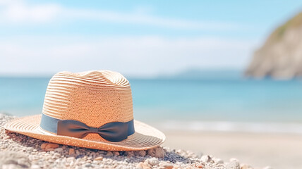 Beach Hat with Bow on Sandy Shoreline - Generative AI