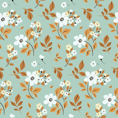 Seamless floral pattern, liberty ditsy print with gentle botany in rustic style. Vintage botanical design: hand drawn large flowers, branches, small leaves on a blue background. Vector illustration. © Yulya i Kot