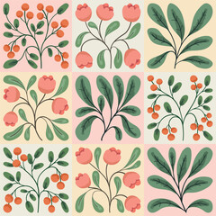 Set of decorative art plants in retro style. Cute wild botany: small flowers, twigs, leaves, berries isolated on light tiles. Collection of hand drawn plants in pastel colors. Vector illustration.