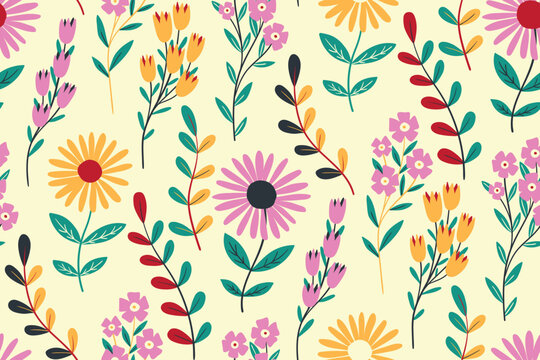 Seamless floral pattern, retro style ditsy print with funny cartoon plants. Cute botanical design: large hand drawn daisies, leaves, sprigs of small flowers on a light background. Vector illustration.
