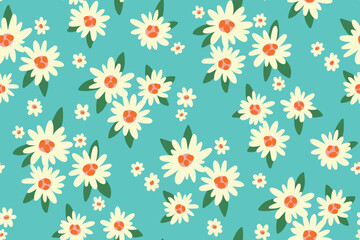 Seamless floral pattern, liberty ditsy print with cartoon daisies in retro style. Cute botanical design with small plants: white hand drawn flowers, leaves on a blue background. Vector illustration.