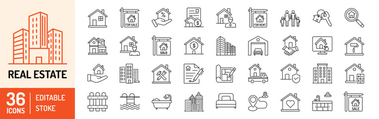 Fototapeta premium Real Estate editable stroke outline icons set. Home, property, rental, home loan, mortgage, building, agent, plan, relator, renovation and house sale. Vector illustration