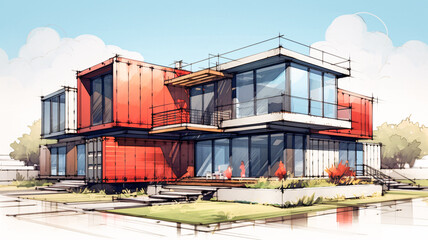 Red Exterior Modern House with Balcony - Generative AI