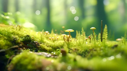 Fotobehang Mossy Hill with Small Mushrooms: A Generative AI Image © Bipul Kumar