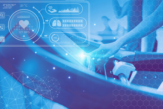 Sport science fitness technology concept. Healthy people on treadmill overlay digital tech health data insight graphics for advertising background. - Powered by Adobe