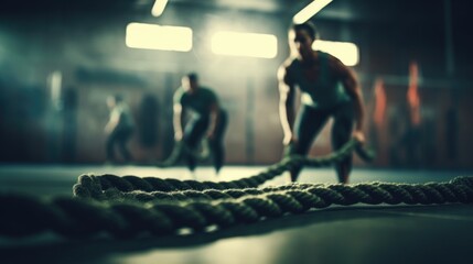 Naklejka premium Two people doing a cross rope exercise in a gym. AI generative.