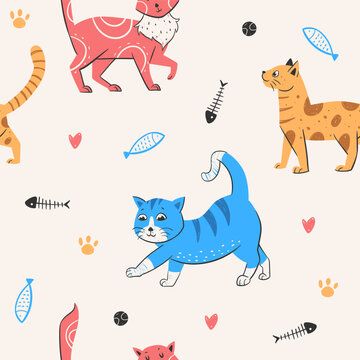 Seamless childish pattern with cute hand drawn cats. Creative kids hand drawn texture for fabric, wrapping, textile, wallpaper, apparel. 
