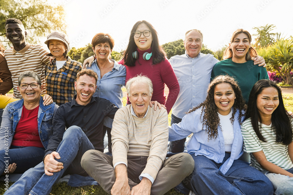 Wall mural group of multigenerational people smiling in front of camera - multiracial friends of different ages - Wall murals