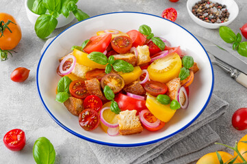 traditional Italian Panzanella salad with tomatoes, onion, fresh basil and bread. Vegetarian dish. top view