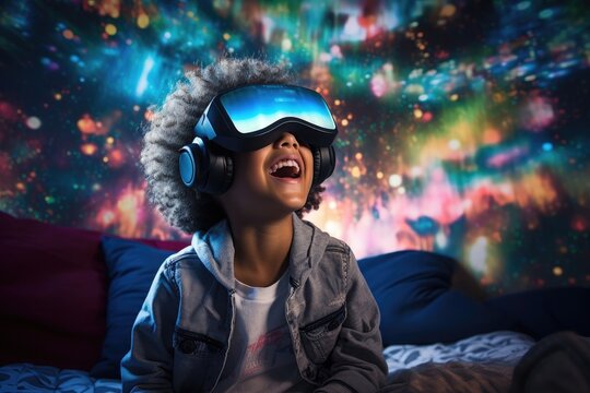 A American African boy wearing VR headset user, surreal world and virtual reality, colorful flowers fields. Generative AI