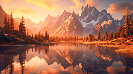 Fototapeta na wymiar Serene Sunset: Majestic Mountains Reflected in Lake with AI Generative Touch