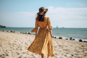 woman person summer fashion beach dress lifestyle female sea beautiful hippie. Generative AI.