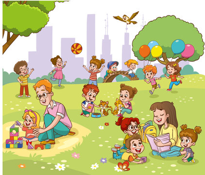 Vector portrait of happy family members relax rest play outdoors in the park doing summer activities.Parents with children spend weekend together, mother, father and children having fun on playground.