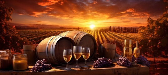 wine glass bottle sunset alcohol beverage barrel drink grape winery. Generative AI.