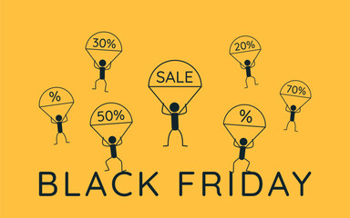 Sale. Discounts. Black Friday. Vector illustration with discounts in minimalist style. Minimalistic advertising poster on a yellow background. Falling prices. Paratroopers.