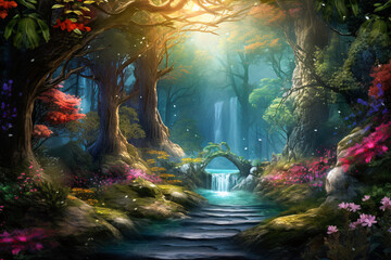 Enchanting Waterfall in a Lush Forest with Blooming Flowers and Majestic Trees - Generative AI