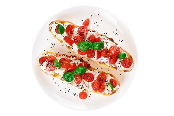Sandwich with fried toast, cream cheese and tomatoes isolated on white background. Italian...